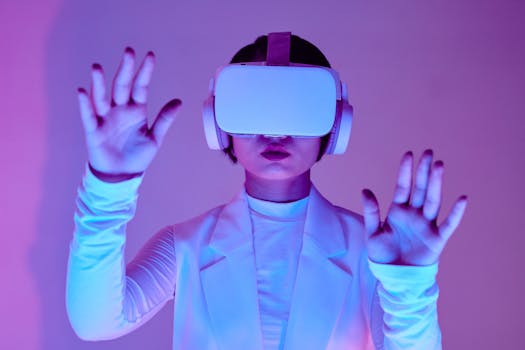 Home Woman in white long sleeves using virtual reality headset in a conceptual studio shoot.